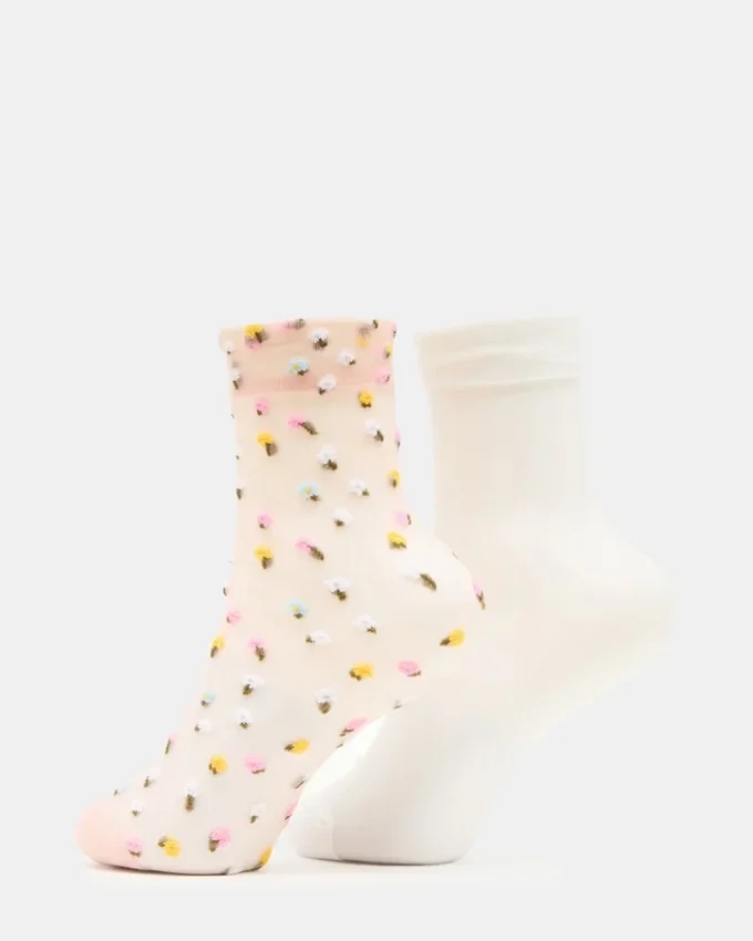 Paquete de 2 pares de calcetines de tul con estampado de flores silvestres en color rosa palo Paquete de 2 pares de calcetines de tul con estampado de flores silvestres en color rosa palo