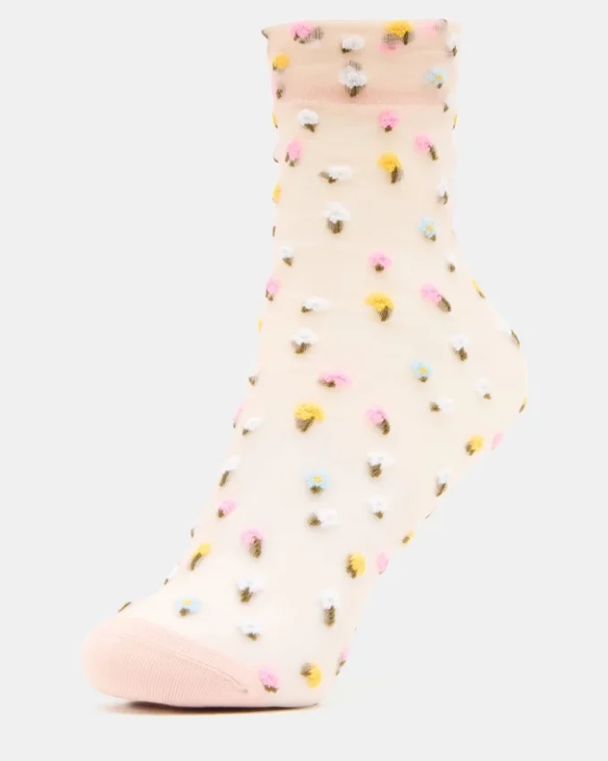 Paquete de 2 pares de calcetines de tul con estampado de flores silvestres en color rosa palo Paquete de 2 pares de calcetines de tul con estampado de flores silvestres en color rosa palo