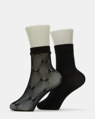 Paquete de 2 pares de calcetines tobilleros de rejilla con lazo, color negro
