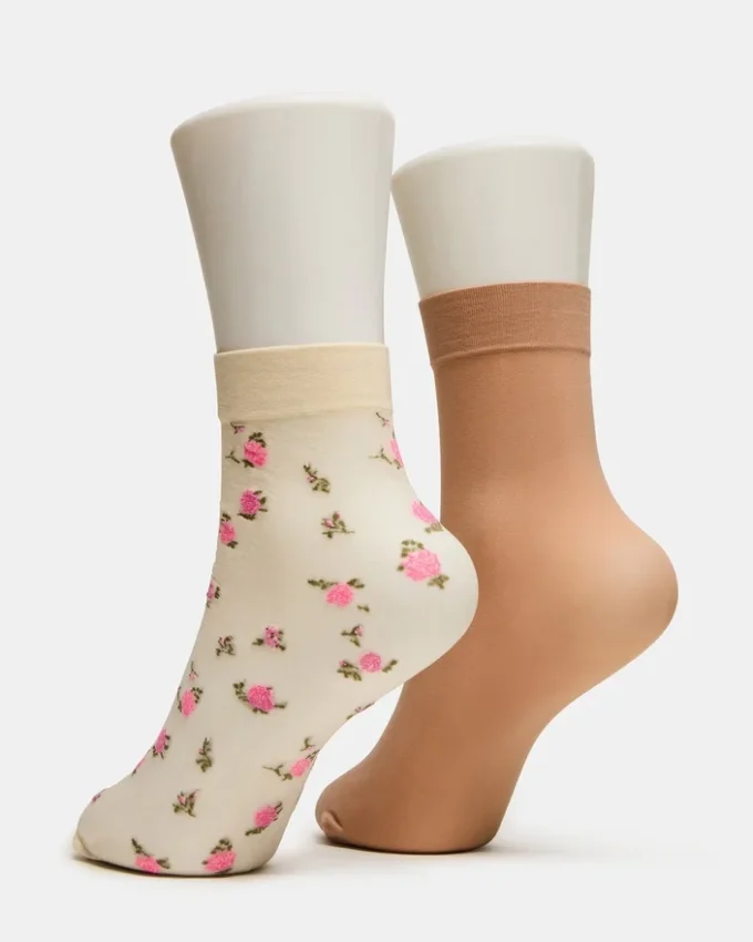 Paquete de 2 pares de calcetines tobilleros transparentes con diseño floral, color vainilla Paquete de 2 pares de calcetines tobilleros transparentes con diseño floral, color vainilla