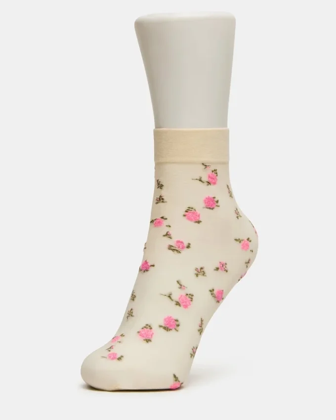 Paquete de 2 pares de calcetines tobilleros transparentes con diseño floral, color vainilla Paquete de 2 pares de calcetines tobilleros transparentes con diseño floral, color vainilla