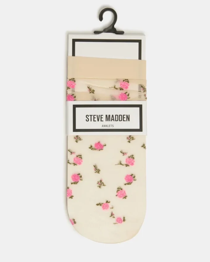 Paquete de 2 pares de calcetines tobilleros transparentes con diseño floral, color vainilla Paquete de 2 pares de calcetines tobilleros transparentes con diseño floral, color vainilla