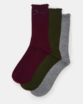 Paquete de 3 pares de calcetines cortos de terciopelo con lazo Folly Cherry