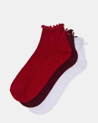 Paquete de 3 pares de calcetines Melody con lazo y borde ondulado, rojo multicolor