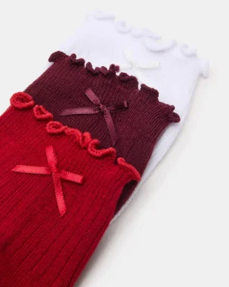 Paquete de 3 pares de calcetines Melody con lazo y borde ondulado, rojo multicolor