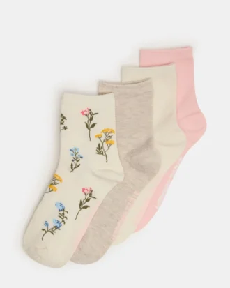 Paquete de 4 pares de calcetines con flores, color marfil multicolor