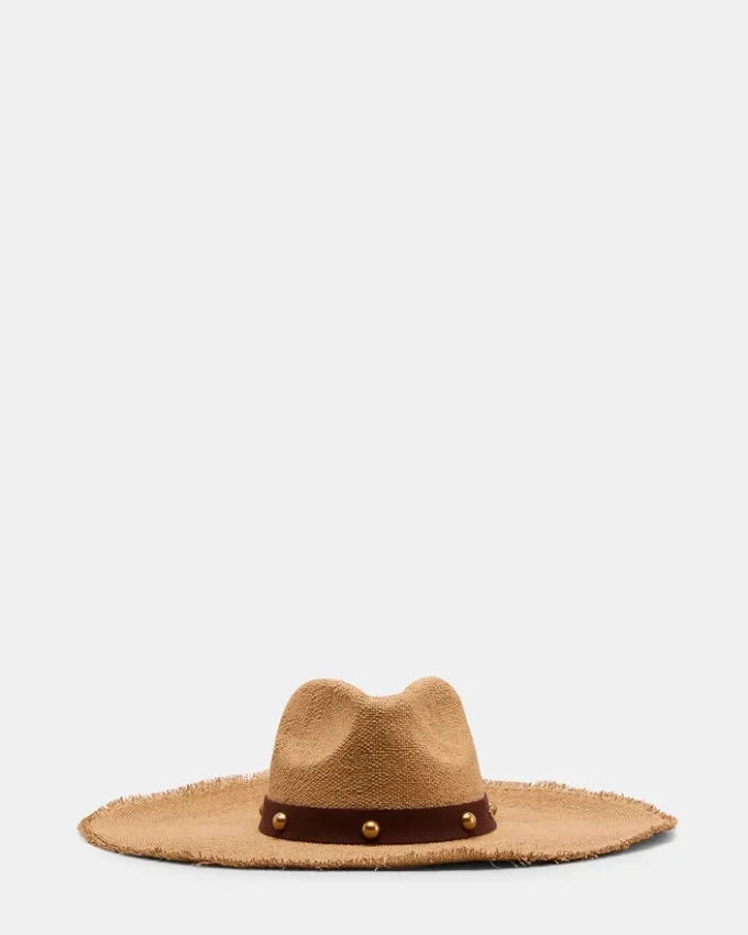 Sombrero de paja con tachuelas Boho Glam, color tostado