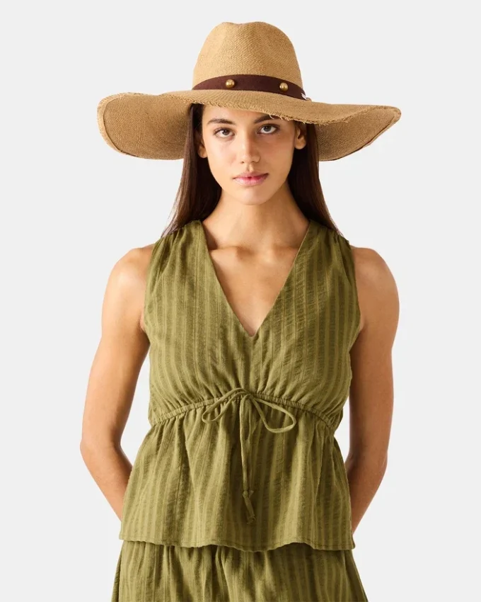 Sombrero de paja con tachuelas Boho Glam, color tostado