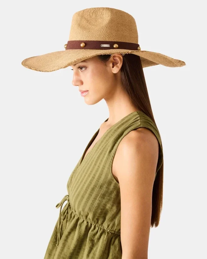 Sombrero de paja con tachuelas Boho Glam, color tostado