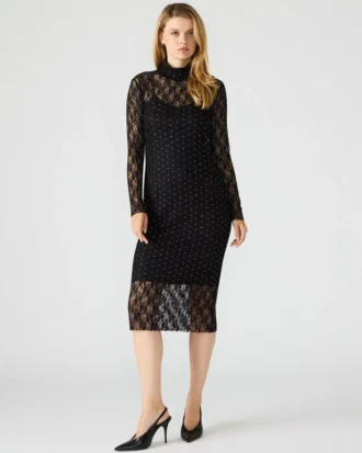 Vestido de encaje con tachuelas Vivienne, negro